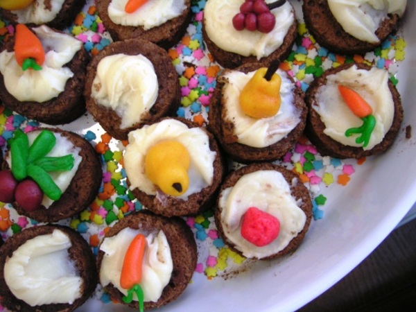 caramel cupcakes with marzipan decorations